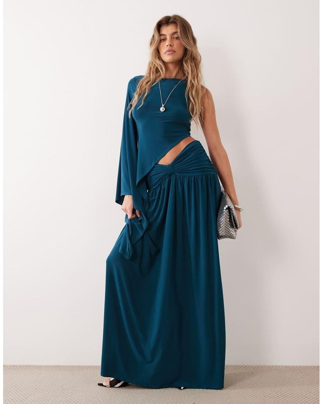 ASOS Blue Long Split Sleeve Draped Long Line Top