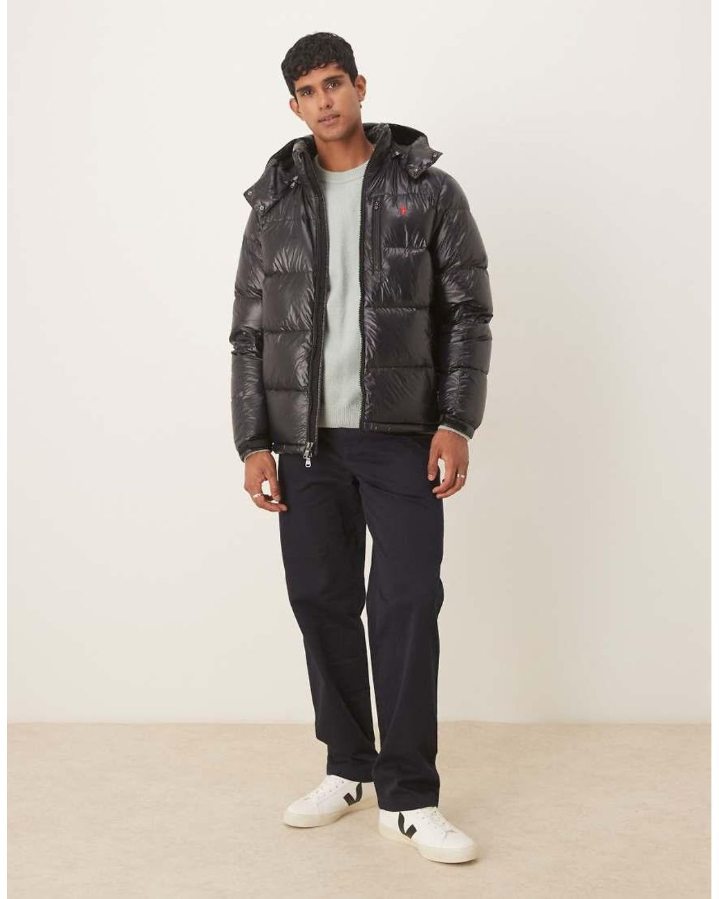 Polo Ralph Lauren Gray Gorham Icon Logo High Shine Insulated Down Puffer Jacket for men