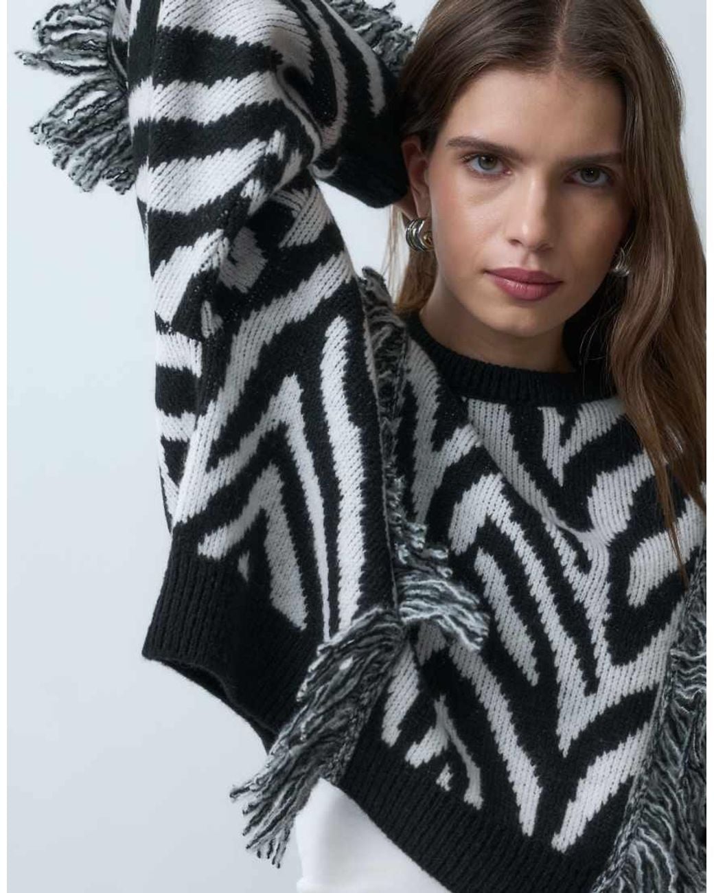 ASOS Gray Knitted Zebra Print Jumper With Fringe