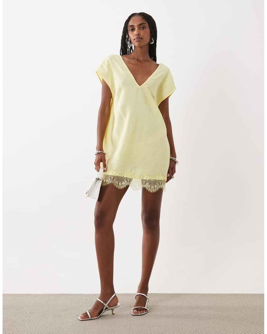ASOS Natural V Neck Shift Lace Crinkle Satin Mini Dress