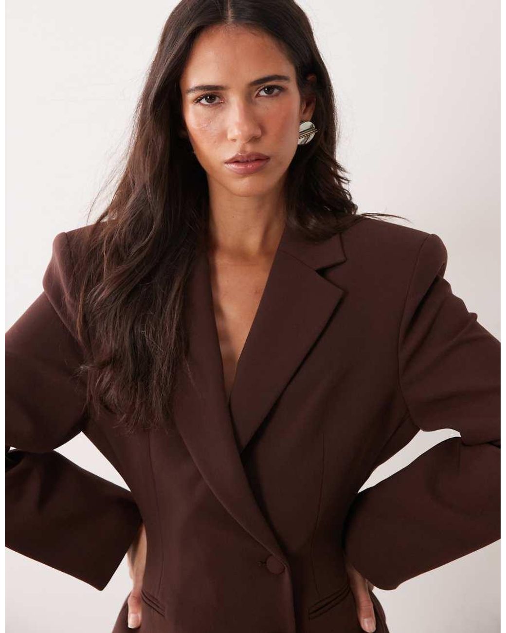 Miss Selfridge Brown Strong Shoulder Cinched Blazer Dress