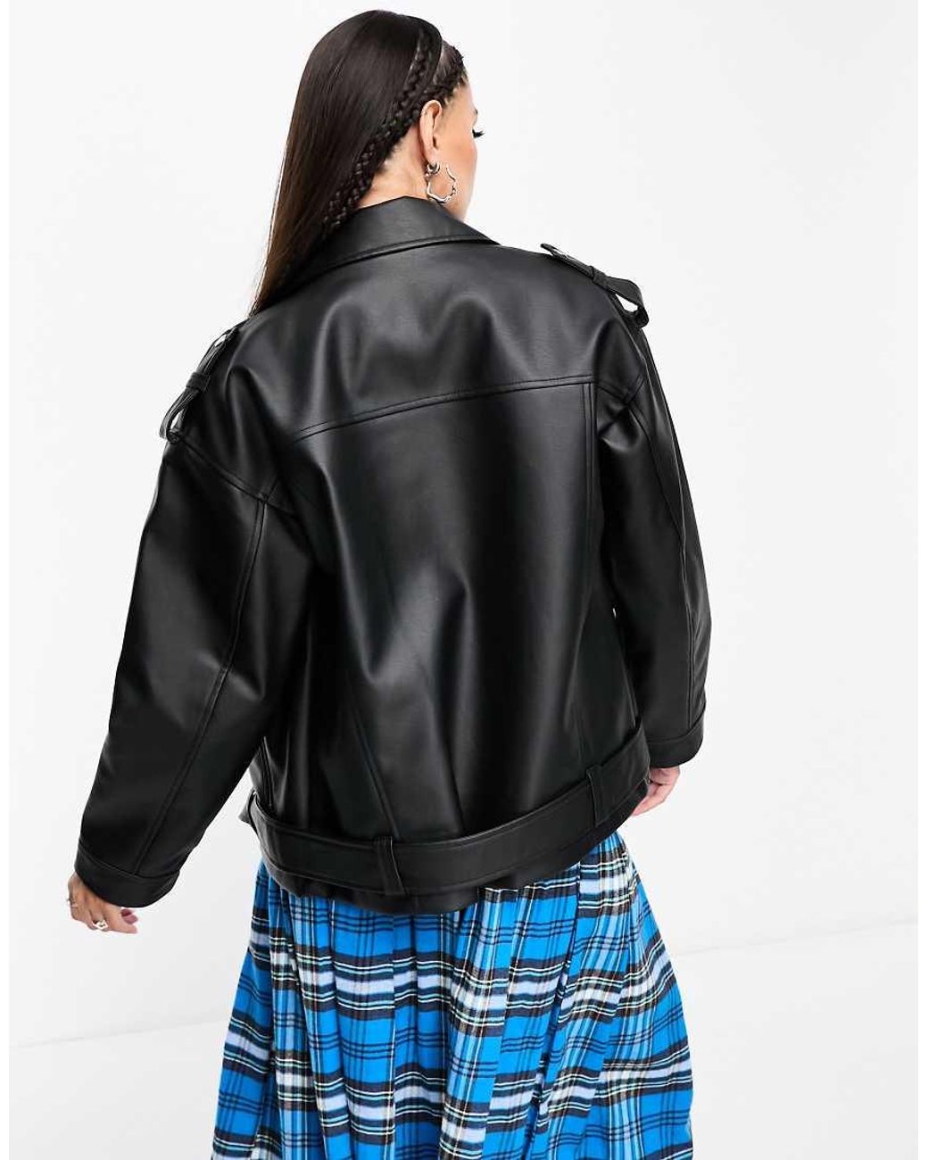 Noisy May Blue Faux Leather Oversized Biker Jacket