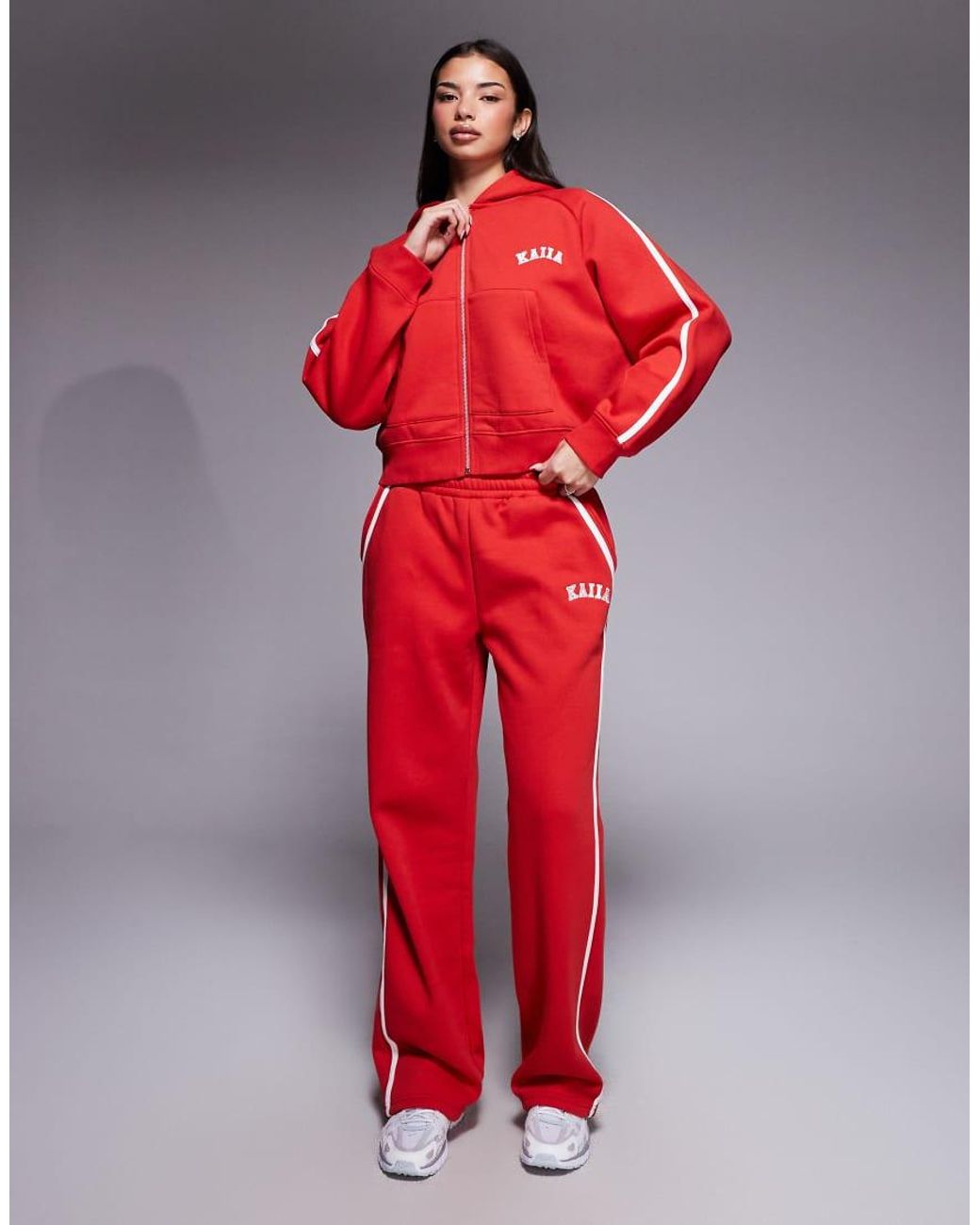 Kaiia Cotton Rich Embroidered Logo Side Stripe Zip Through Hoodie