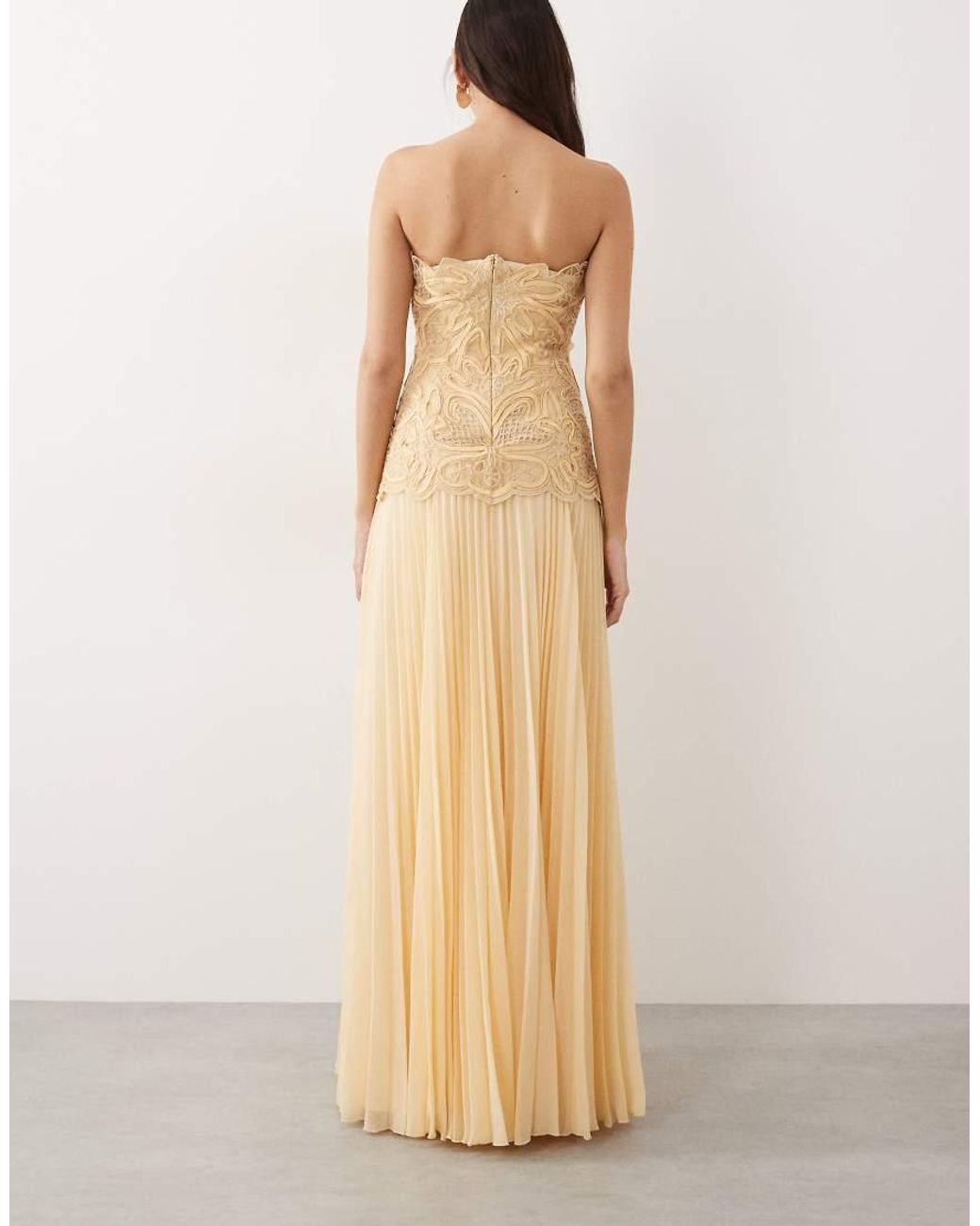 ARRANGE Natural Abstract Cutwork Bandeau Maxi Dress With Pleat Skirt