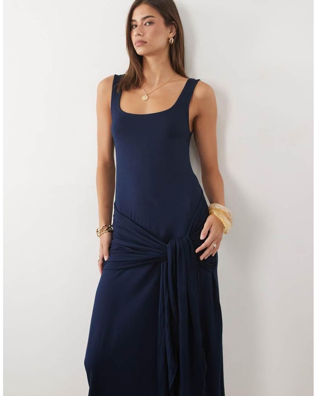 ASOS Blue Square Neck With Tie Detail Midi Dress