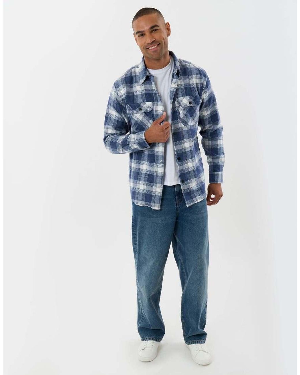 Threadbare Blue Relaxed Fit Cotton Patch Pocket Shirt for men