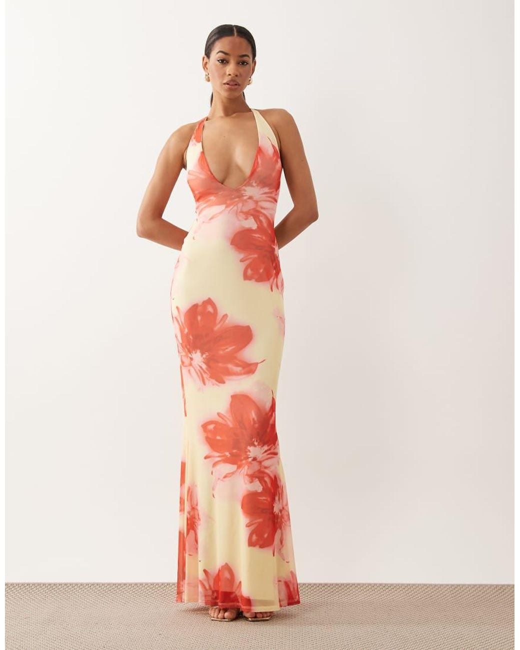 ASOS Pink Deep V Plunge Mesh Maxi Dress