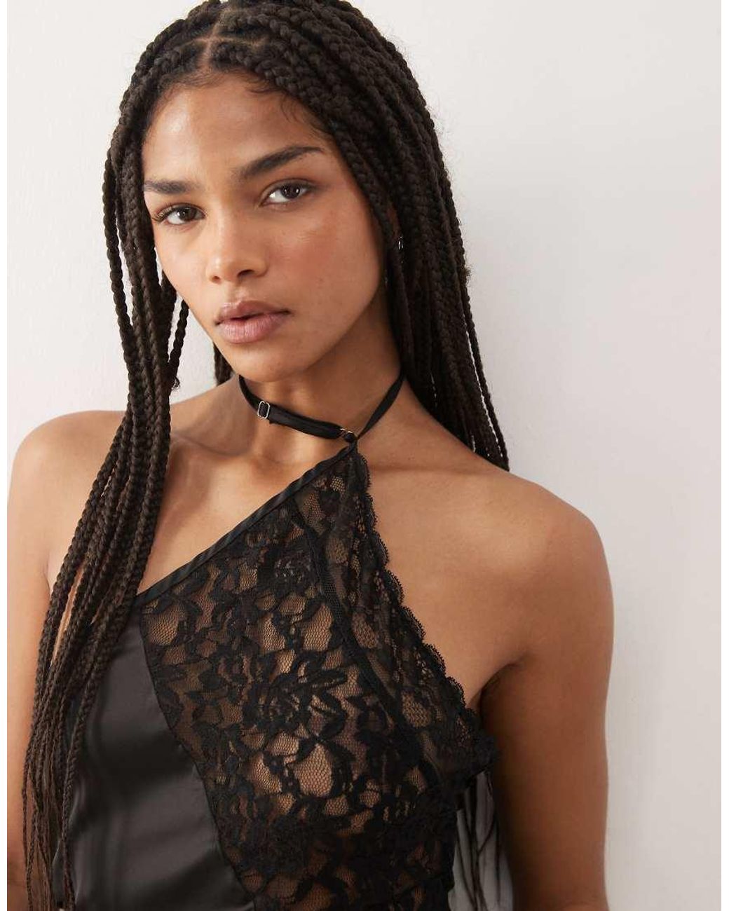 Lioness Black Amore Satin Sheer Lace Bust Panelling Detail Halterneck Mini Dress