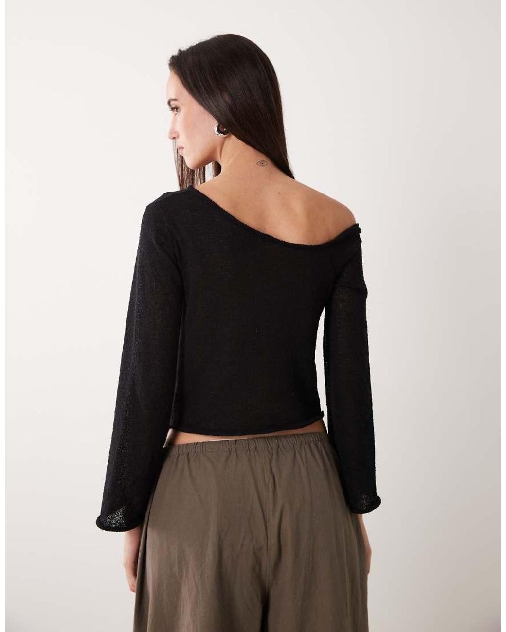 Miss Selfridge Black Sheer Knit Knot Detail Long Sleeve Top