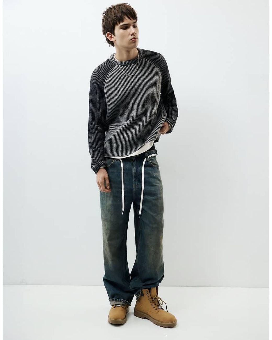 Pull&Bear Gray Ribbed Raglan Sleeve Jumper for men