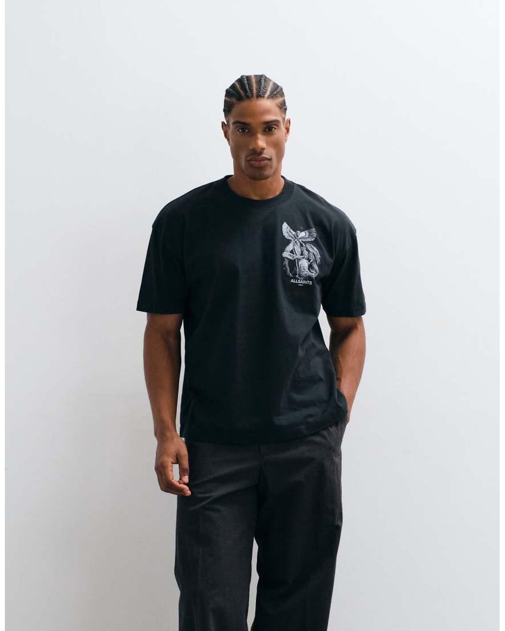 AllSaints Blue Seraph Short Sleeve Graphic Logo T-shirt With Back Print for men