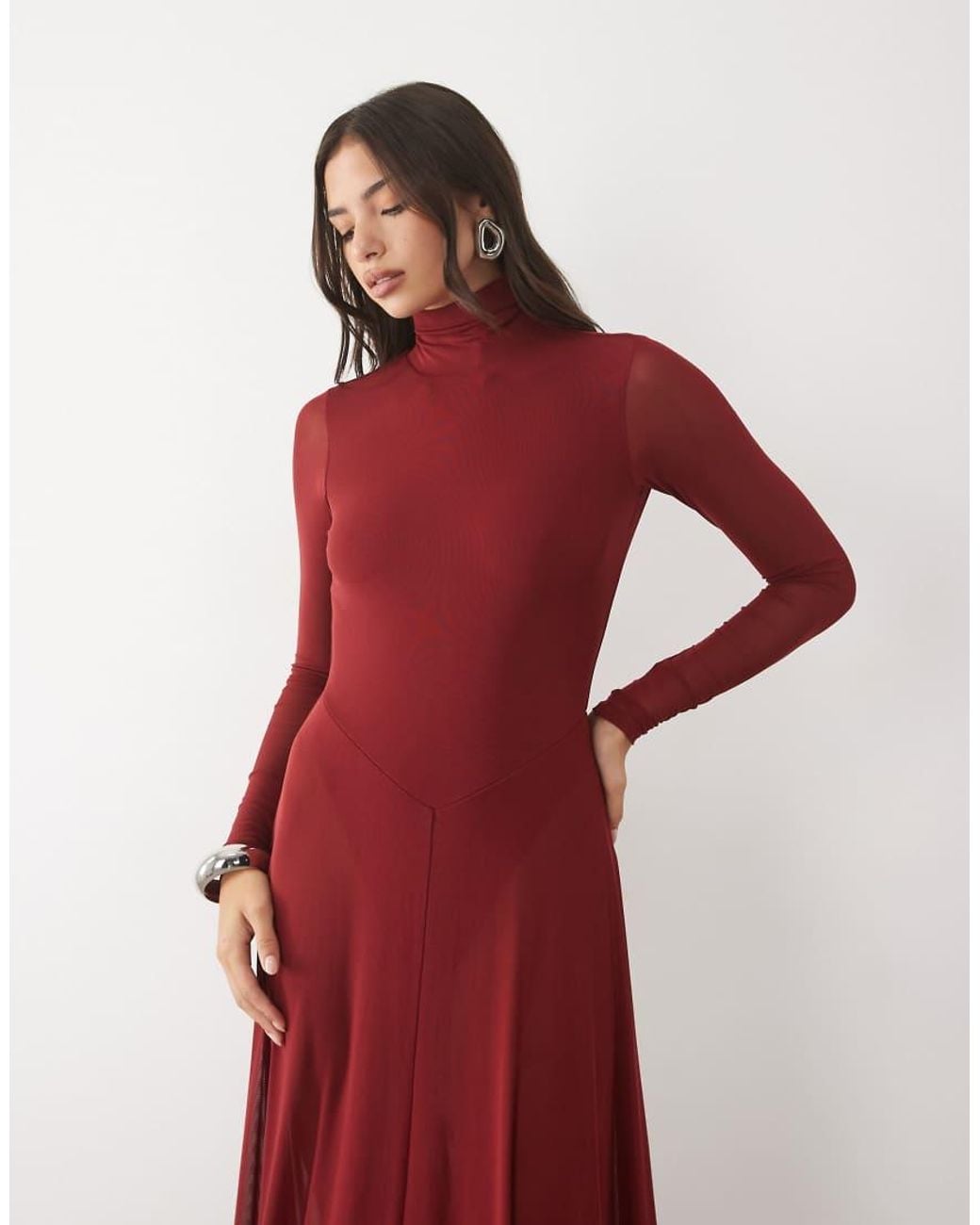 AFRM Red Kiva Mesh With Bodysuit Lining Open Back Ruffle Hem Detail Maxi Dress