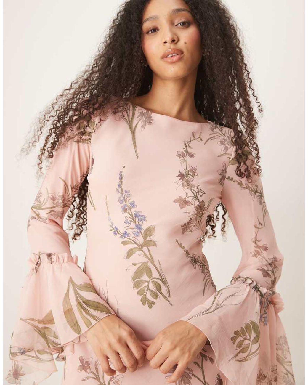 ASOS Gestreepte Chiffon Maxi-Jurk Met Lange Mouwen En Ruches in het Pink