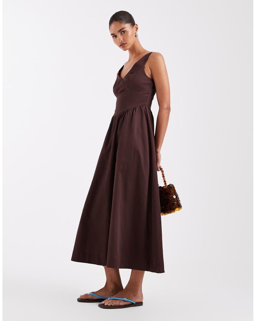 ASOS Brown Waisted V Neck Maxi Dress With Seaming Details