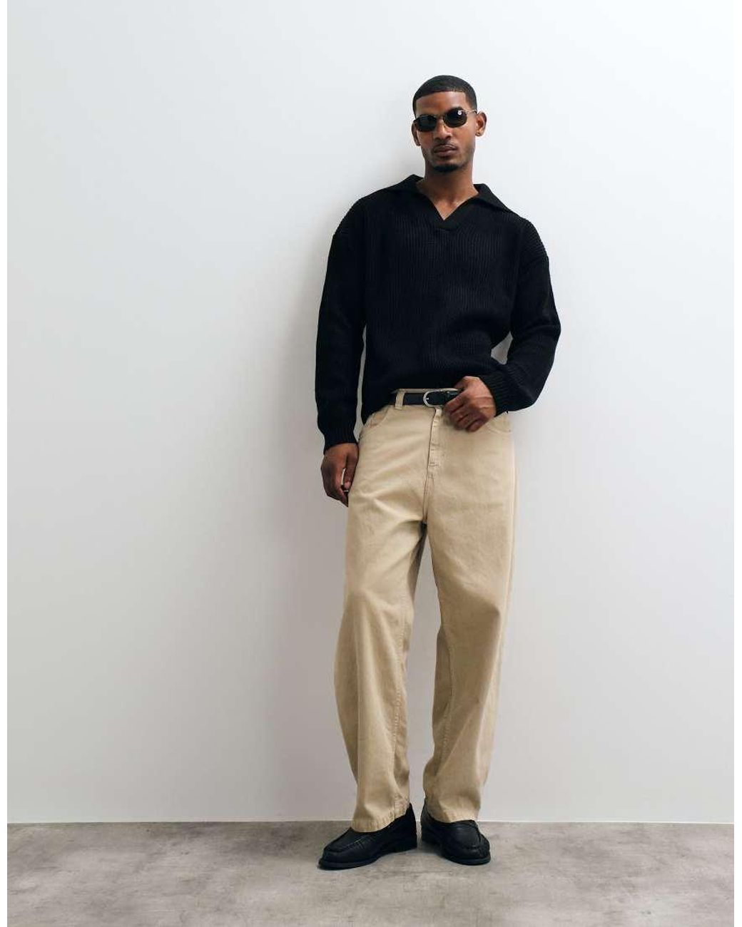 ASOS Blue Oversized Knitted Extreme Open Collar Polo Jumper for men