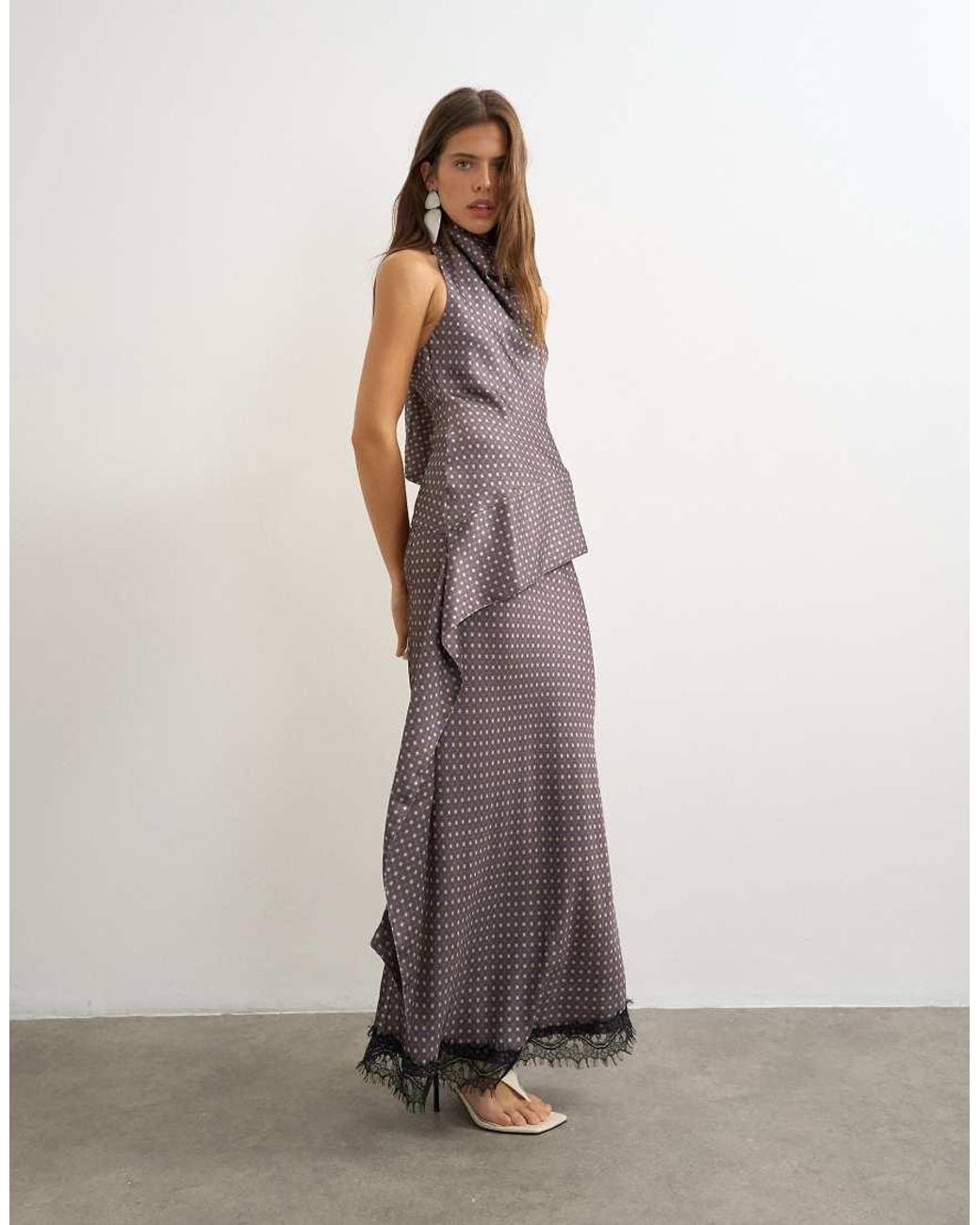 TOPSHOP Gray Satin Tie Print Scarf Detail Asymmetric Top Co Ord