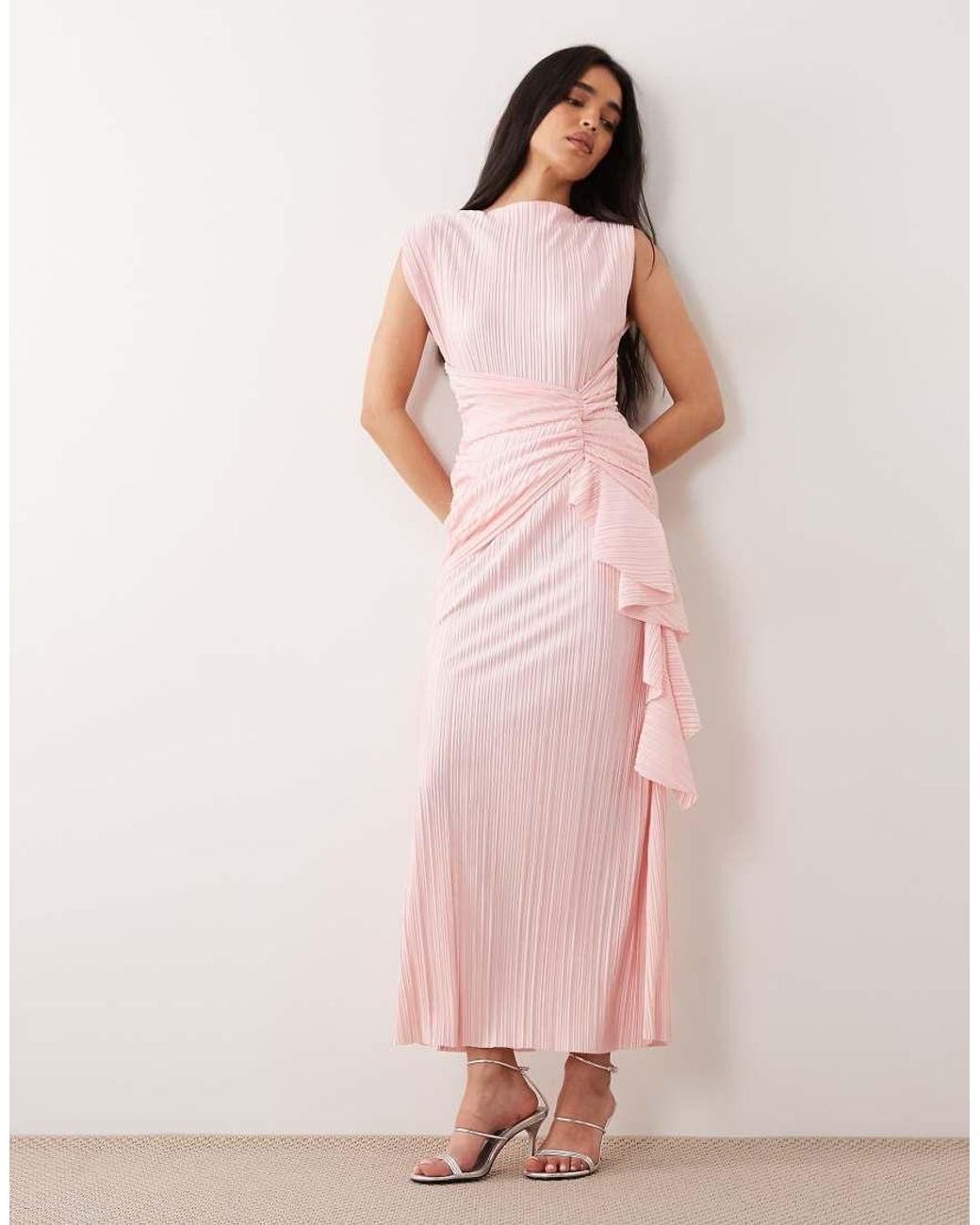 ASOS Pink Ruched Side Plisse Maxi Dress With Frill Detail