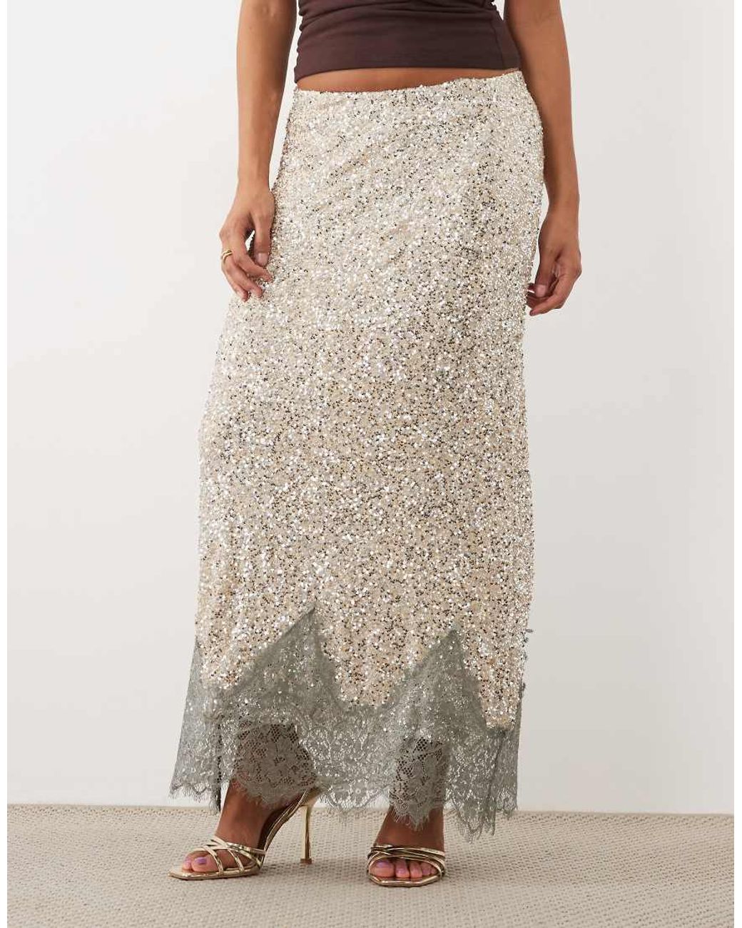 Never Fully Dressed Brown Maeva Sequin Lace Detail Midi Skirt