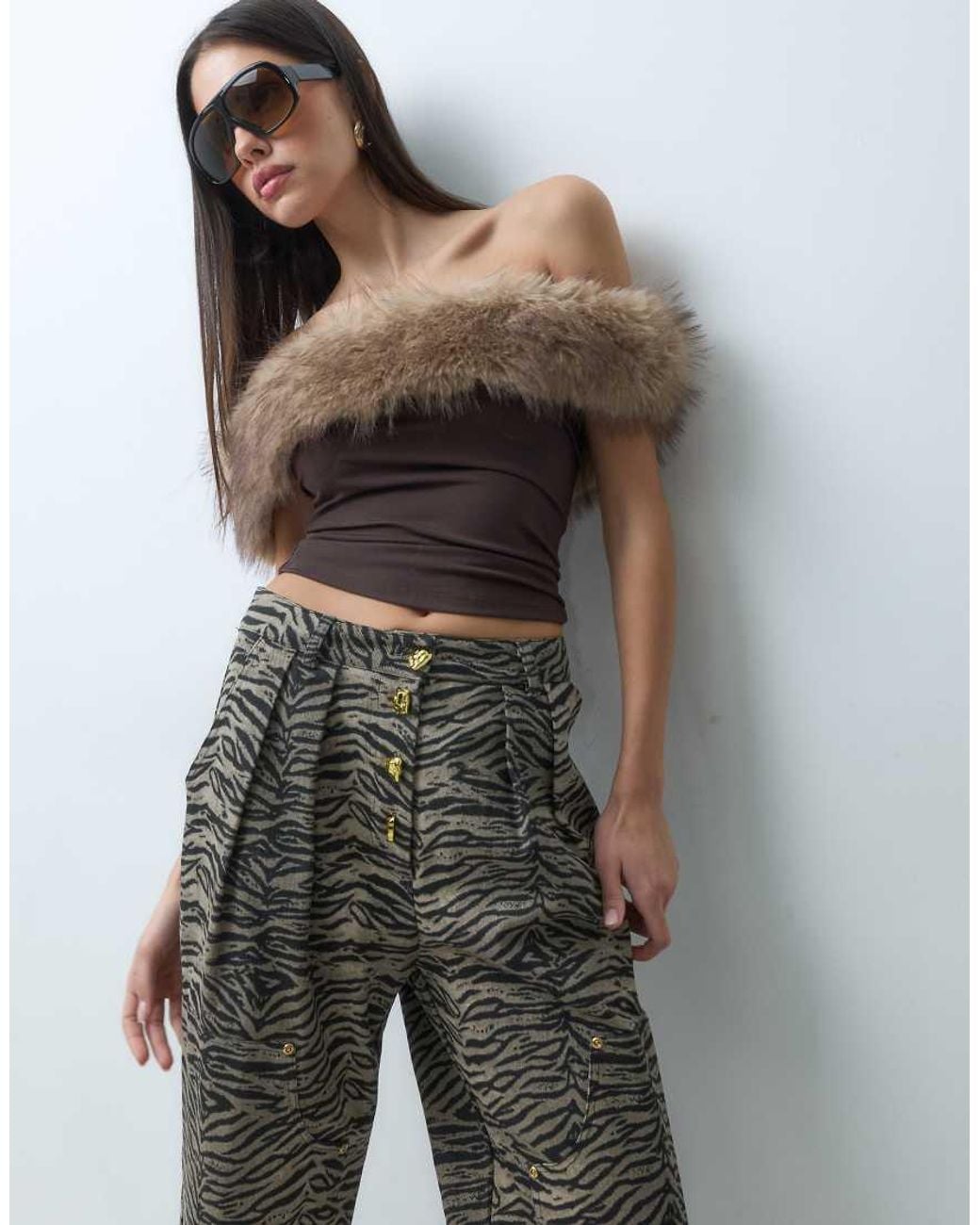 I.AM.GIA Brown Lora Bardot Faux Fur Trim Asymmetric Knitted Top