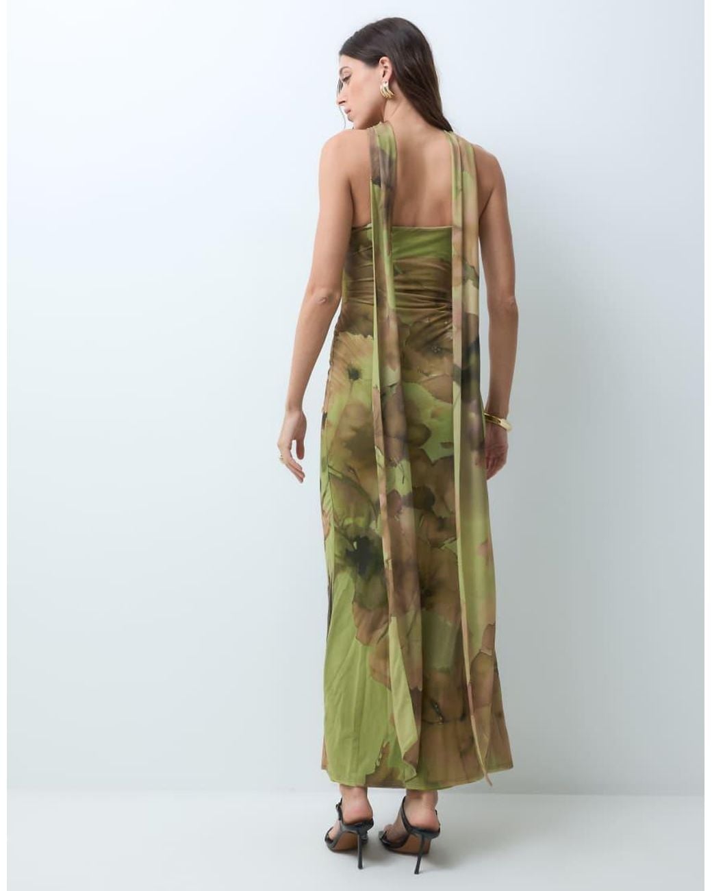 ASOS Green Ruched Bust Floral Printed Strappy Maxi Dress With Scarf Detail