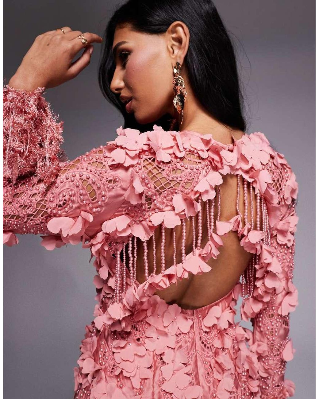 ASOS Pink 3D Floral Embellished Broderie Mini Dress With Faux Feather Trim