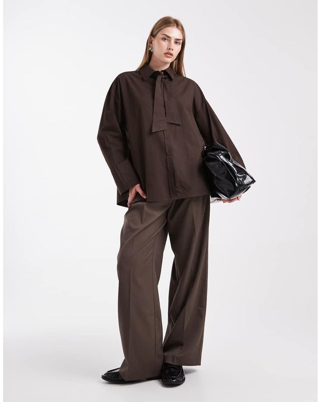ASOS Brown Oversized Tie Neck Shirt