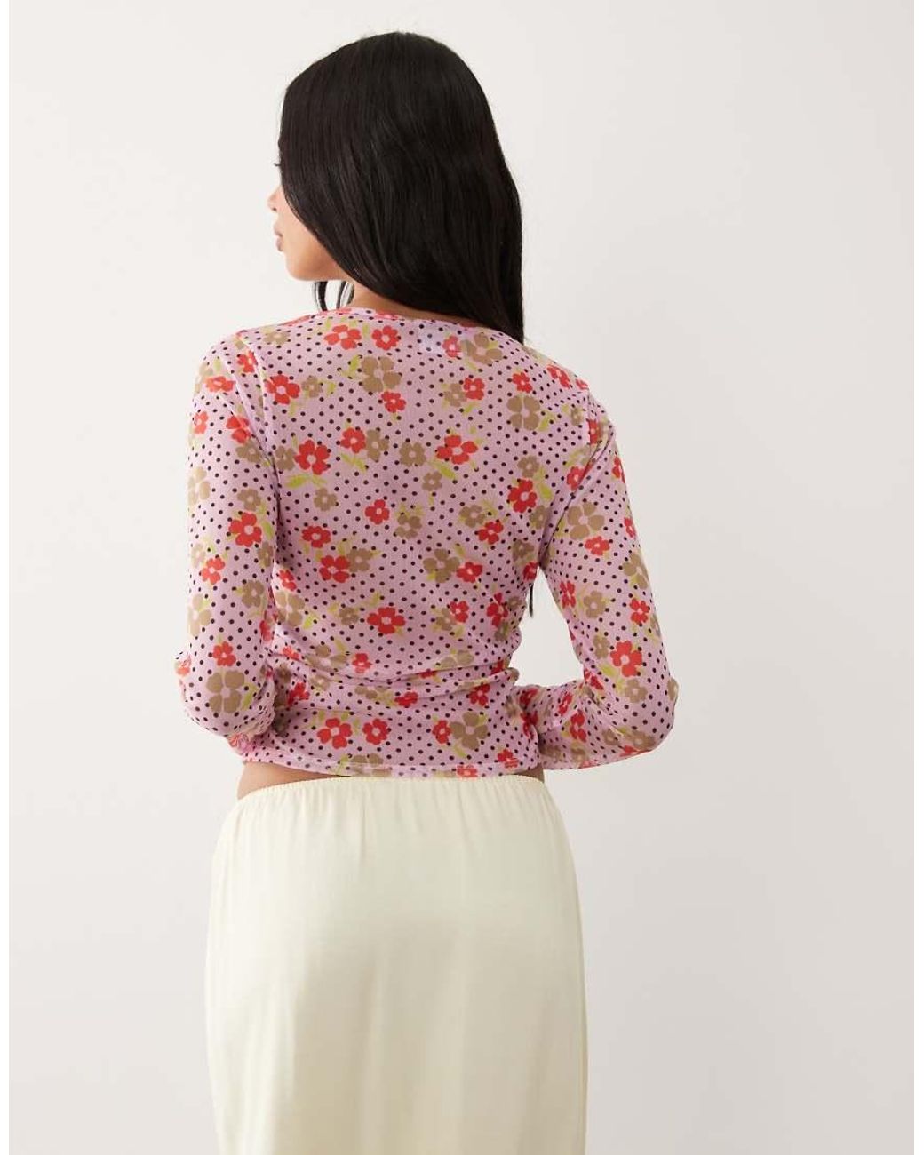 ASOS Red Printed Mesh Long Sleeve Top