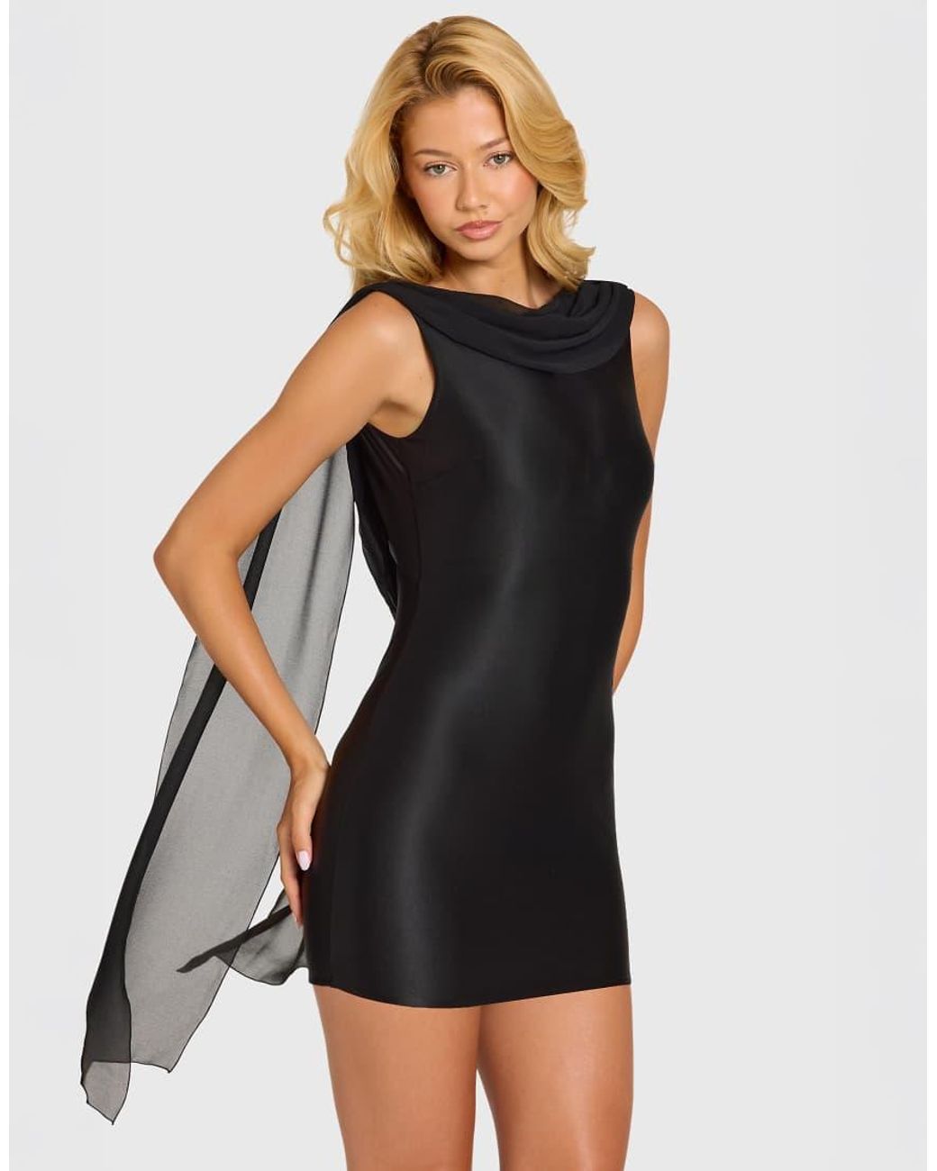 Oh Polly Black Satin Drape Open Back Scarf Detail Mini Dress