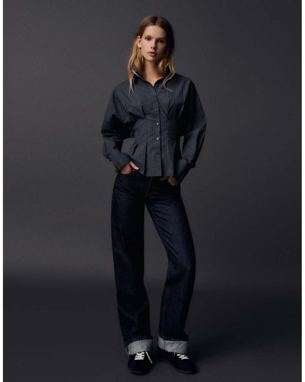 Bershka Blue Check Corset Long Sleeve Shirt