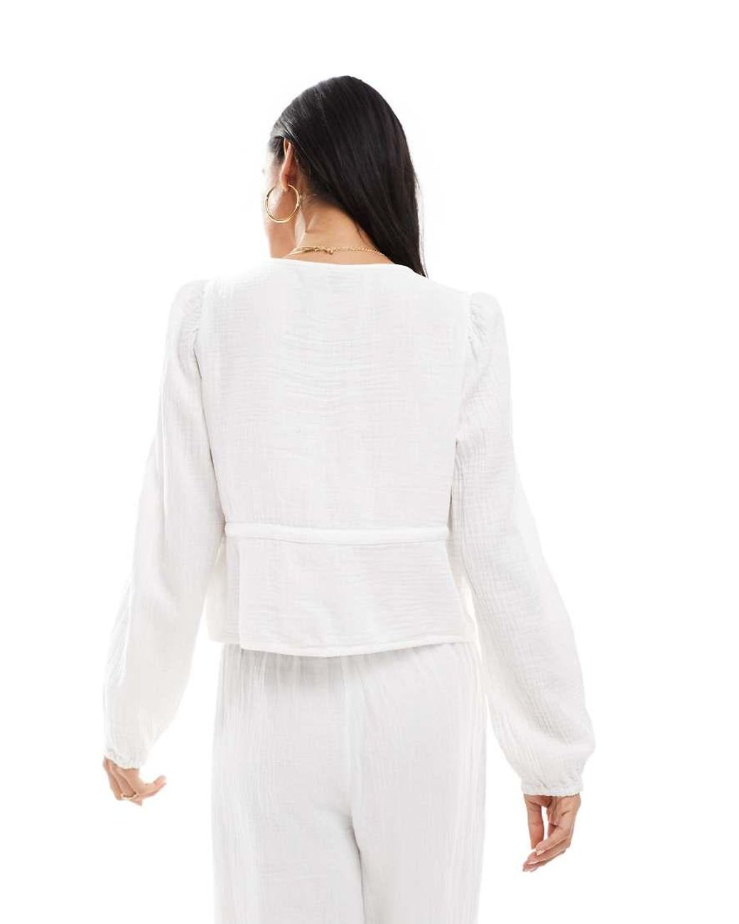 Pieces White Crinkle Cotton Tie Front Cropped Blouse Co-ord