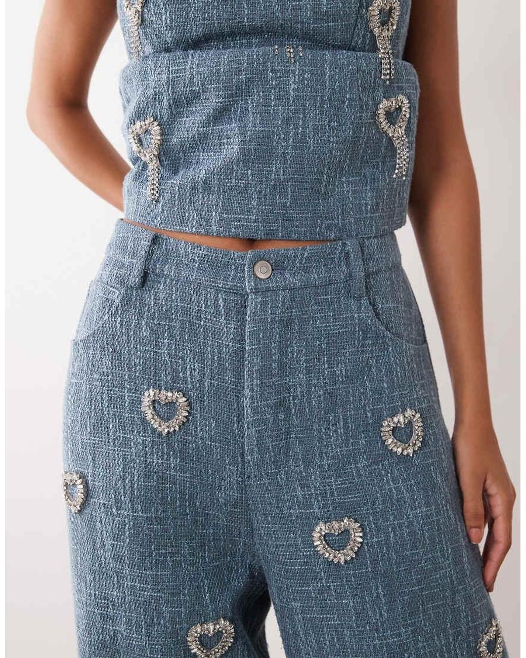 ASOS Blue Co-ord Embellished Heart Boucle Barrel Pants