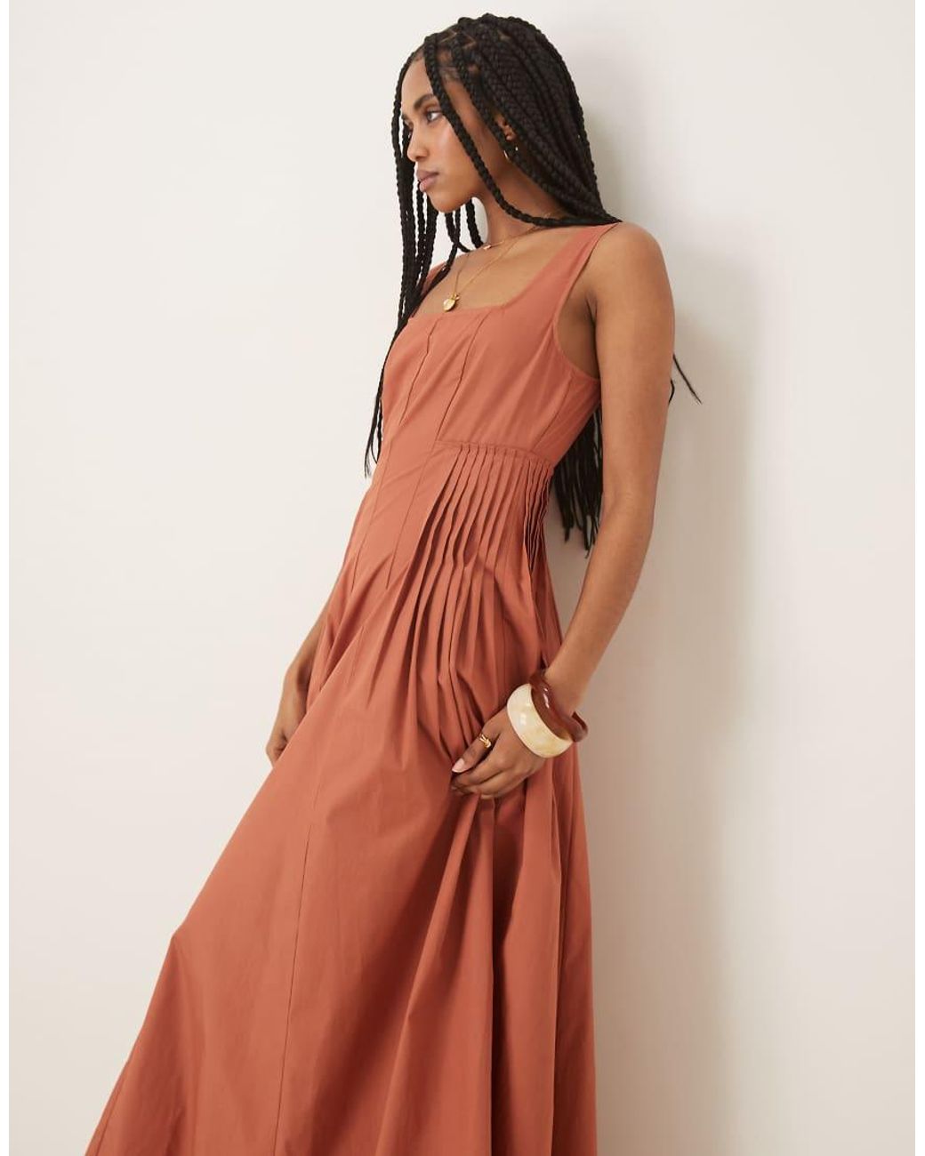 ASOS Brown Scoop Neck Pleated Waist Midi Sundress