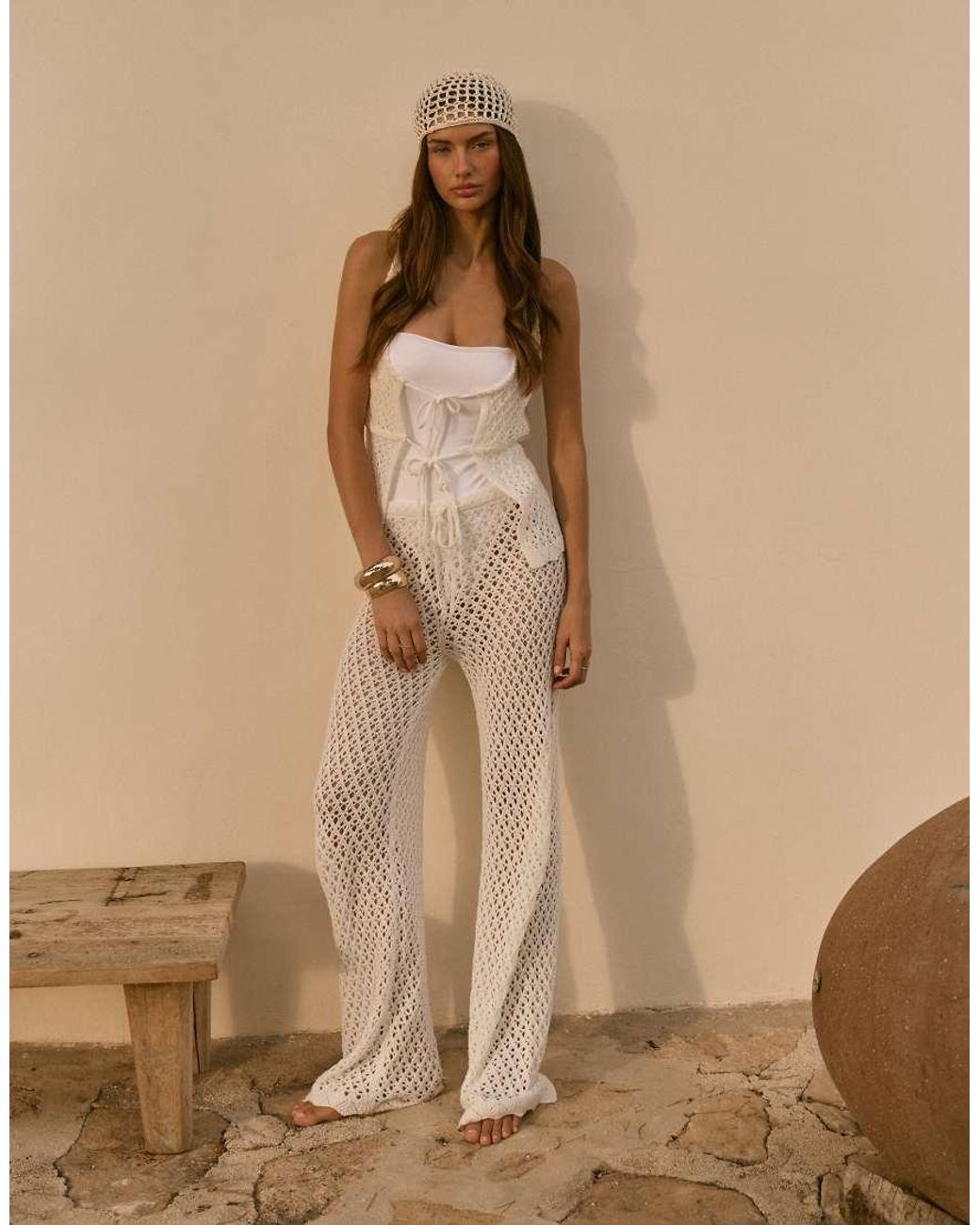 4th & Reckless Natural Cotton Blend Crochet Tie Waist Wide Leg Beach Pants
