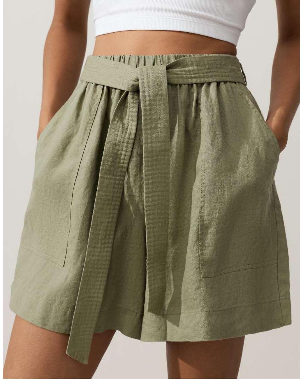 Oysho Green 100% Linen Shorts With Belt