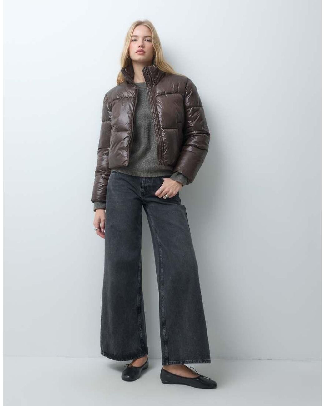 Pieces Gray Funnel Neck Short Padded Coat