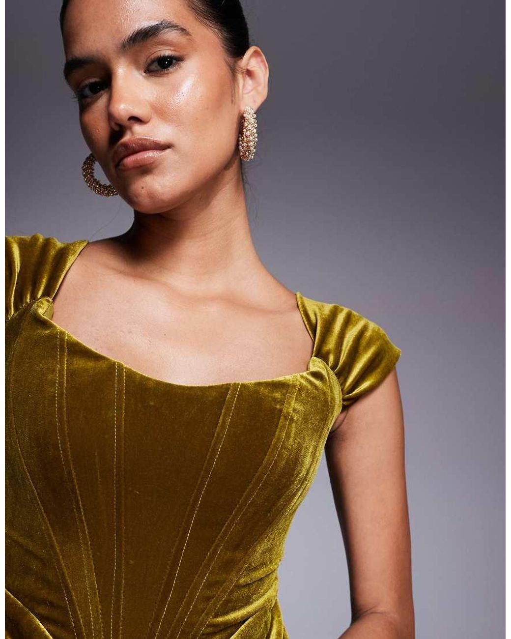 Goddiva Green Draped Shoulder Velvet Corset Midi Dress