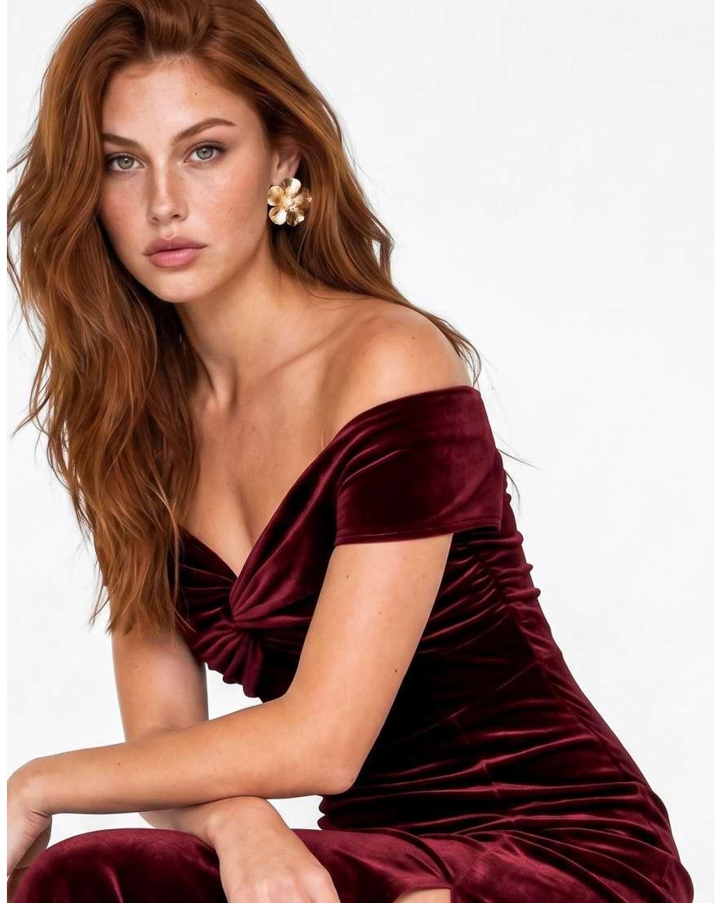 Maya Red Twist Front Bardot Velvet Maxi Dress