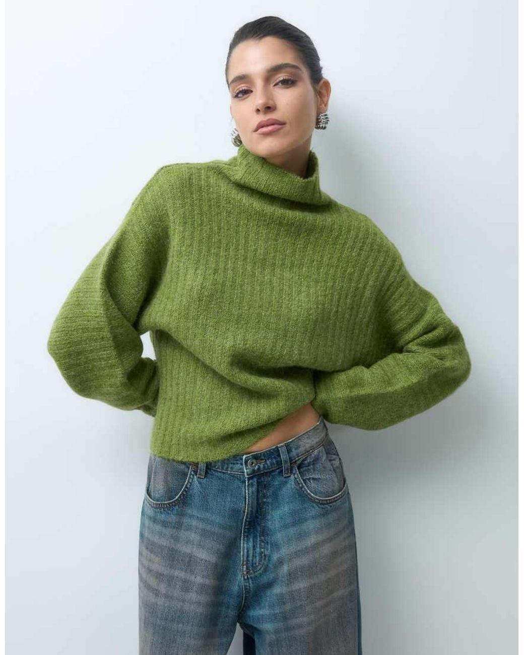 Gina Tricot Green Knitted Wool Blend Turtleneck Sweater