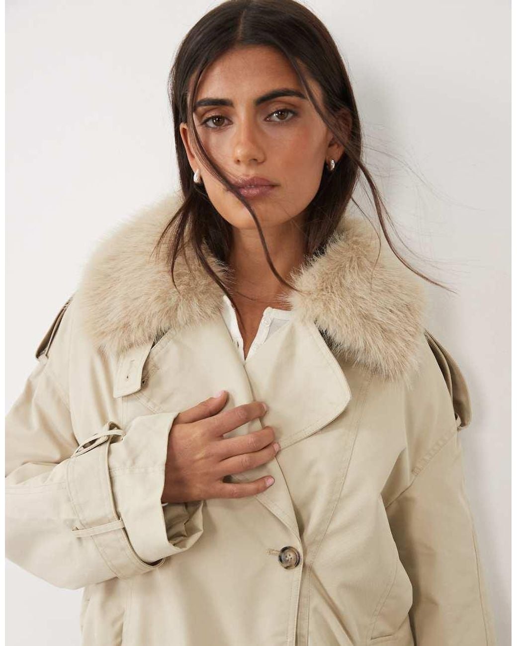 Gina Tricot Natural Short Faux Fur Collar Jacket