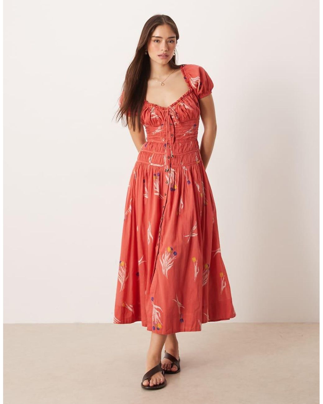 Free People Red Coplete Me Button Down Midi Dress