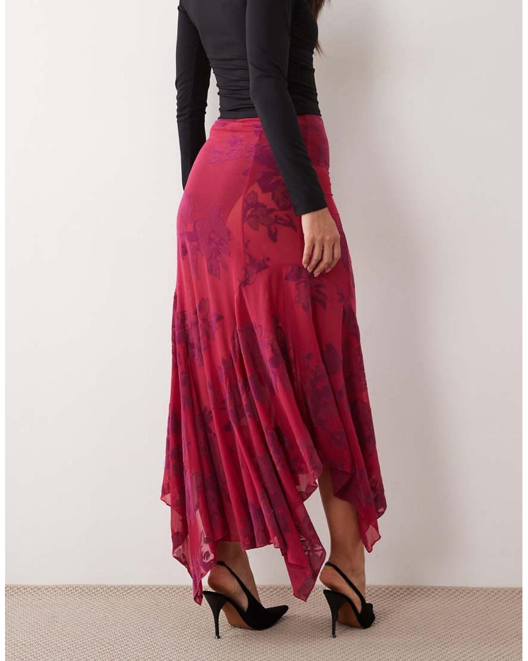 ASOS Red Hank Hem Maxi Flock Skirt