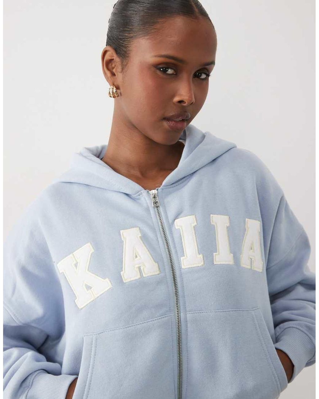 Kaiia Blue Cotton Rich Embroidered Logo Oversized Zip Up Hoodie