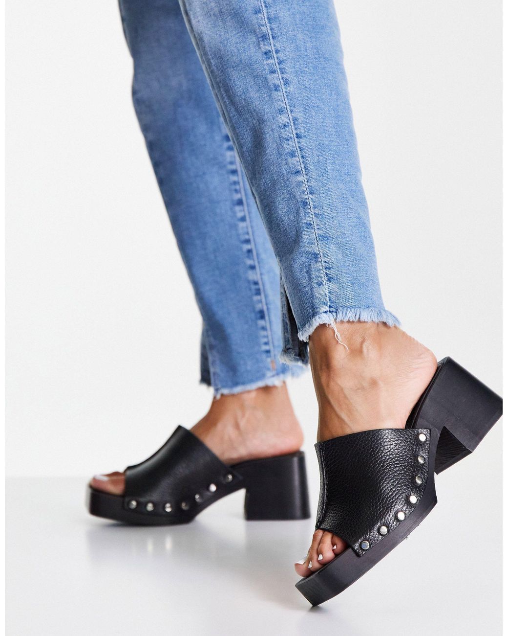 TOPSHOP Rosie Leather Mid Clog Mule in Black Lyst