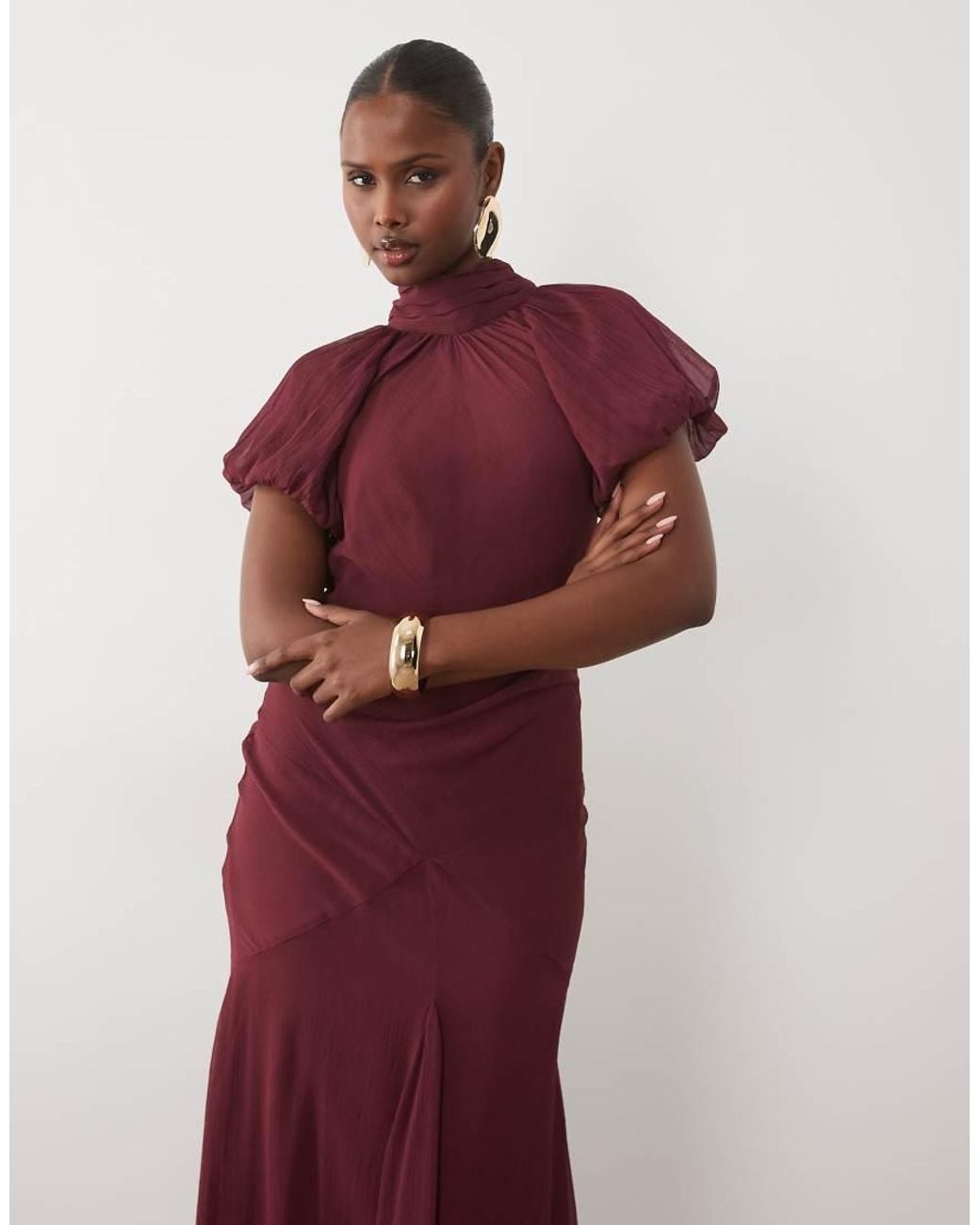 ASOS Purple High Neck Chiffon Maxi Dress With Puff Sleeves