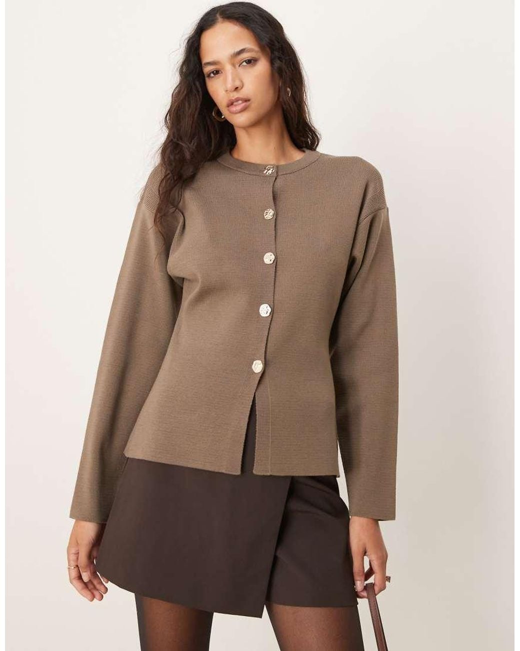 ASOS Natural Knitted Structured Crew Neck Cardigan With Gold Buttons