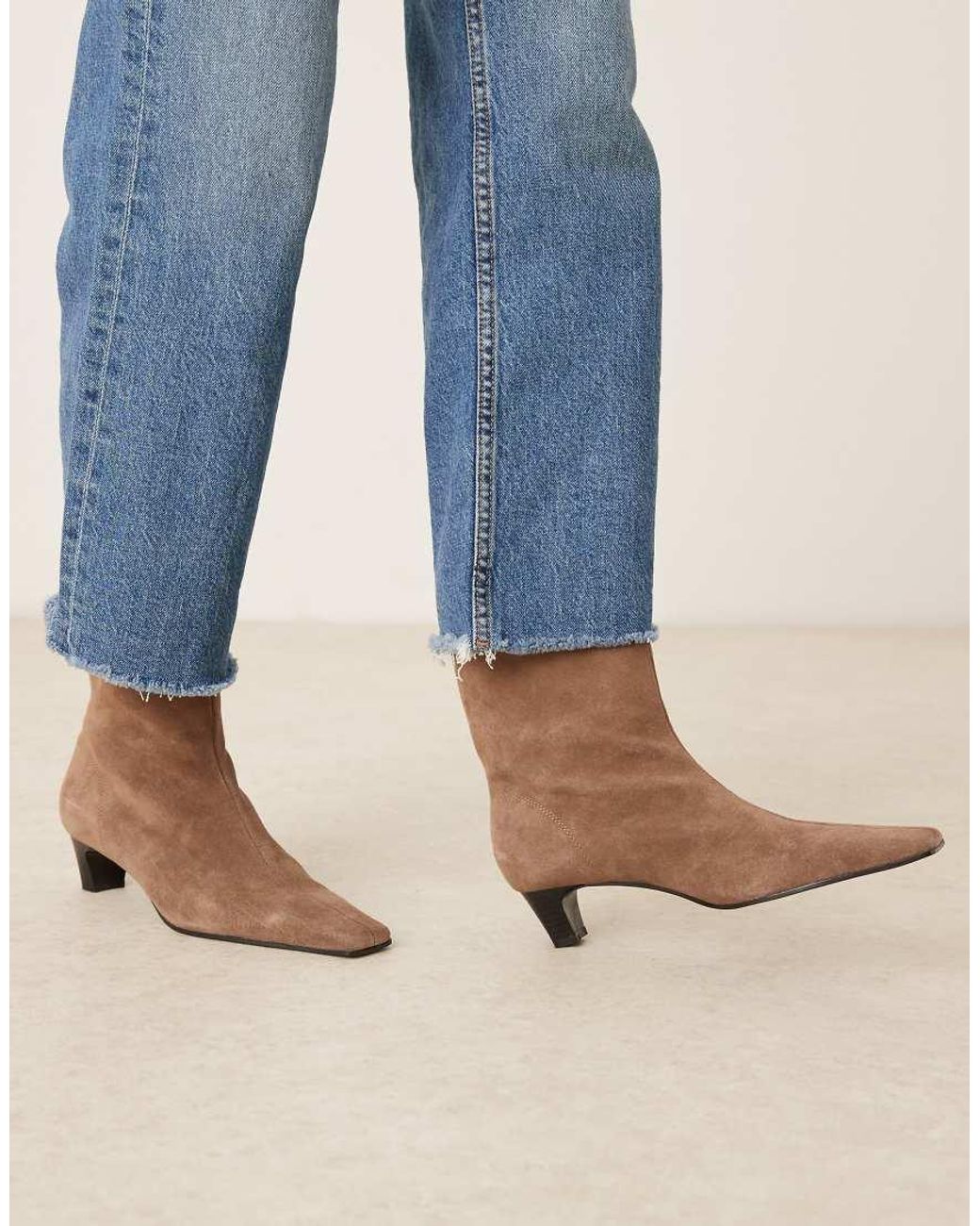 Mango Blue Suede Square Toe Low Heeled Boots
