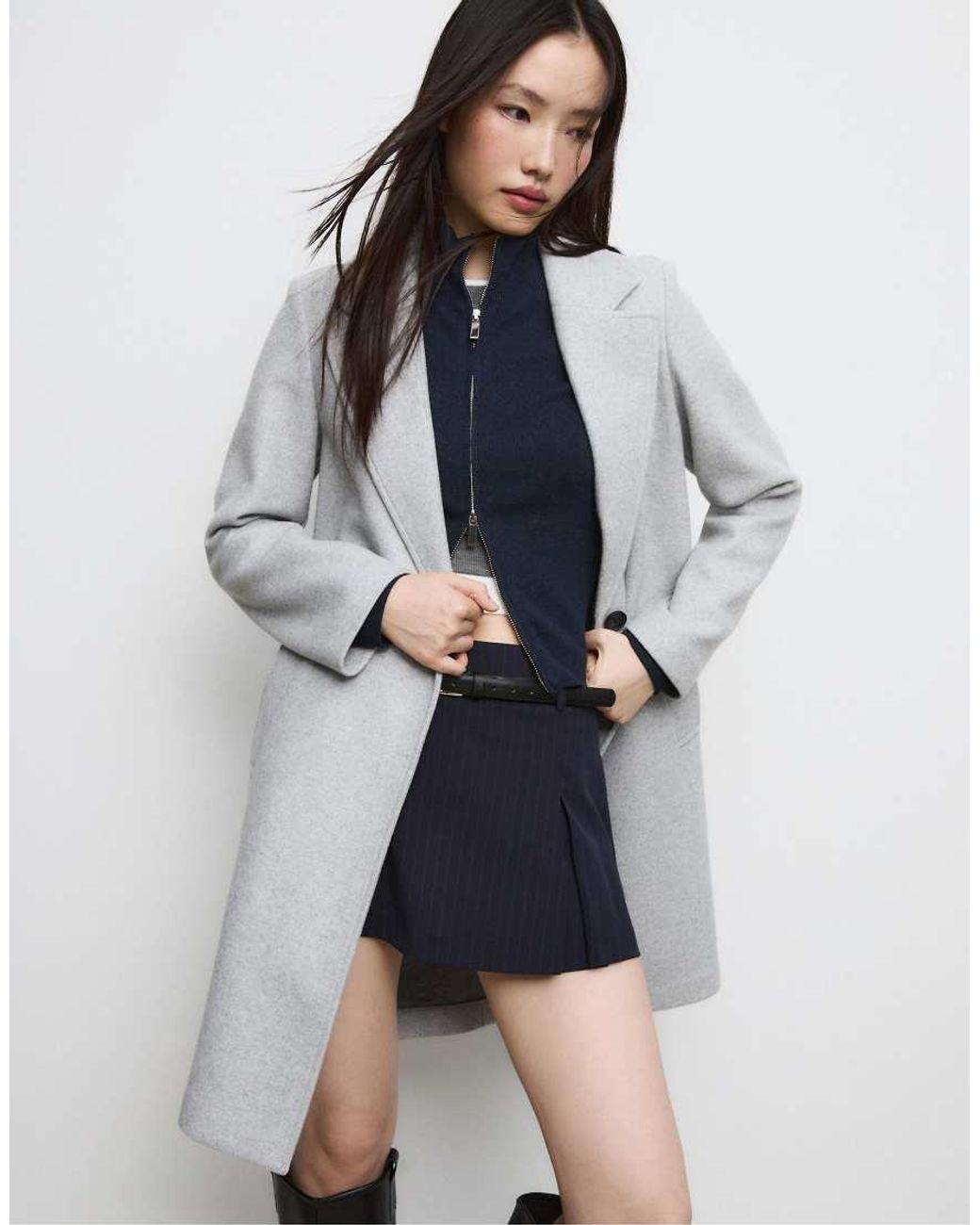 Stradivarius Gray Soft-touch Button-up Midi Coat