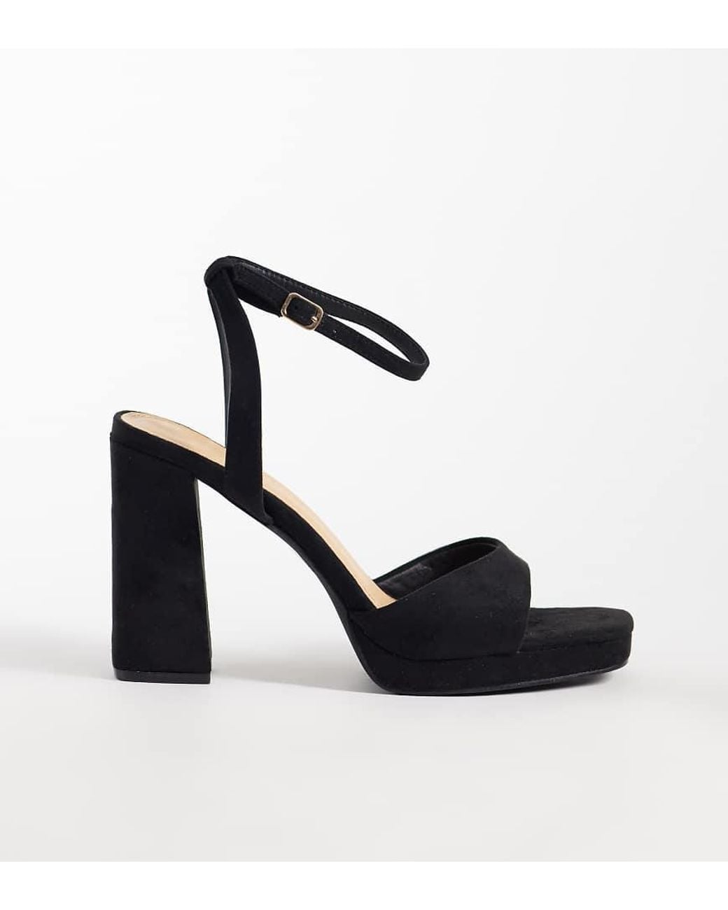 SEQWL Wide Fit Black Faux Suede Platform Block Heeled Sandal