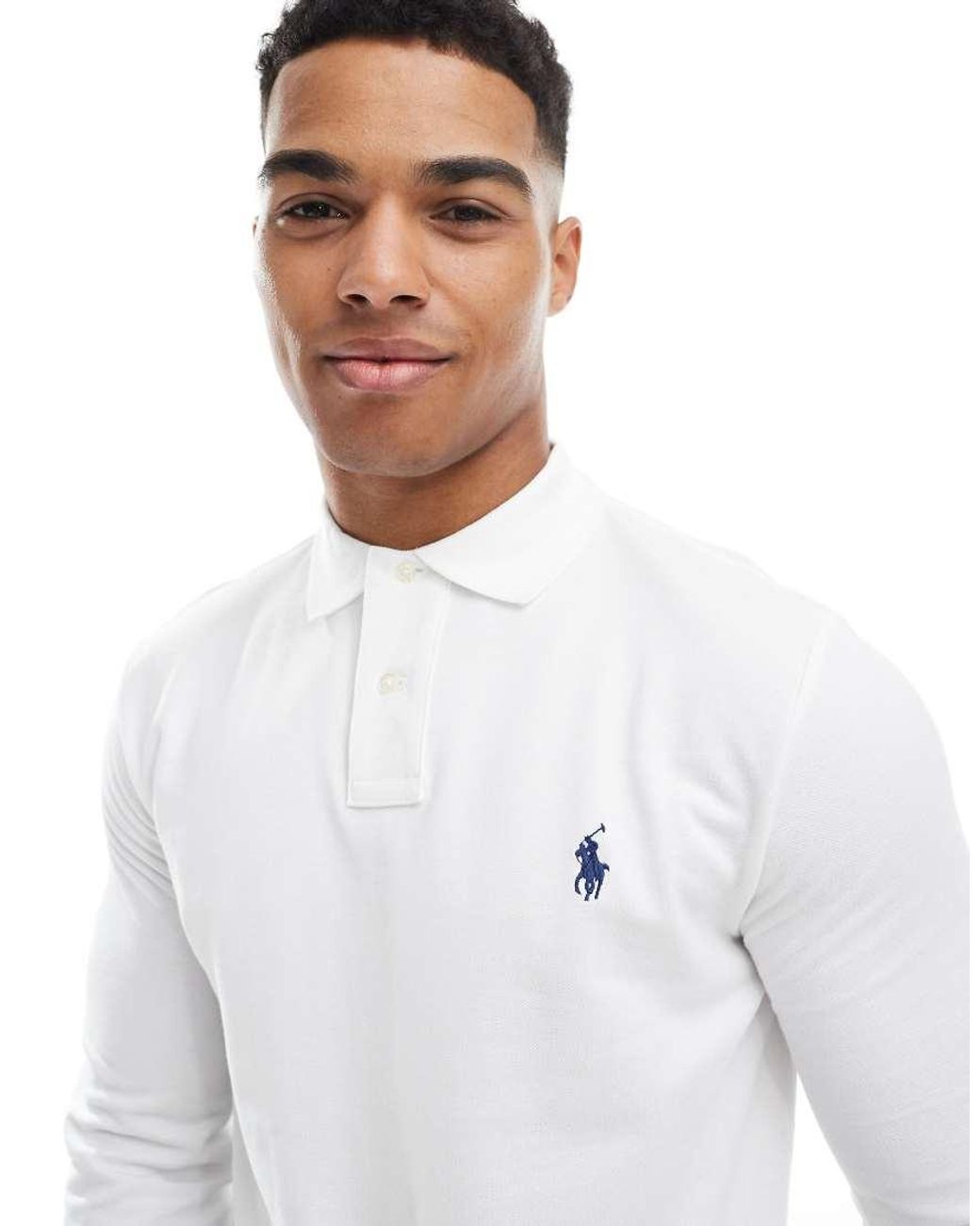 Polo Ralph Lauren White Icon Logo Custom Slim Fit Long Sleeve Polo for men