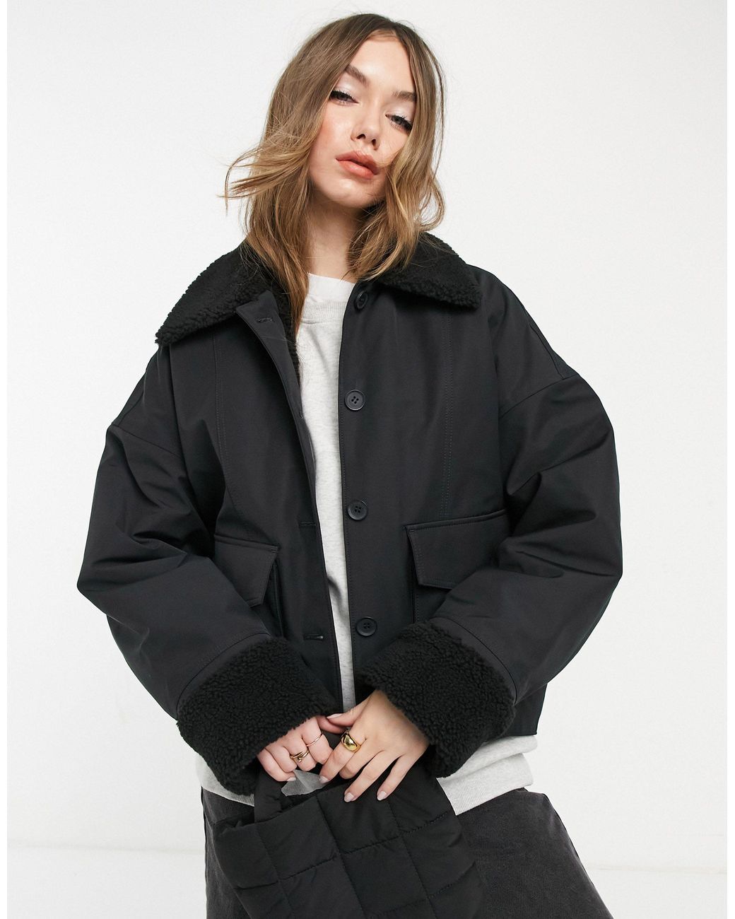 & Other Stories Shearling Detail Coat in Black | Lyst UK